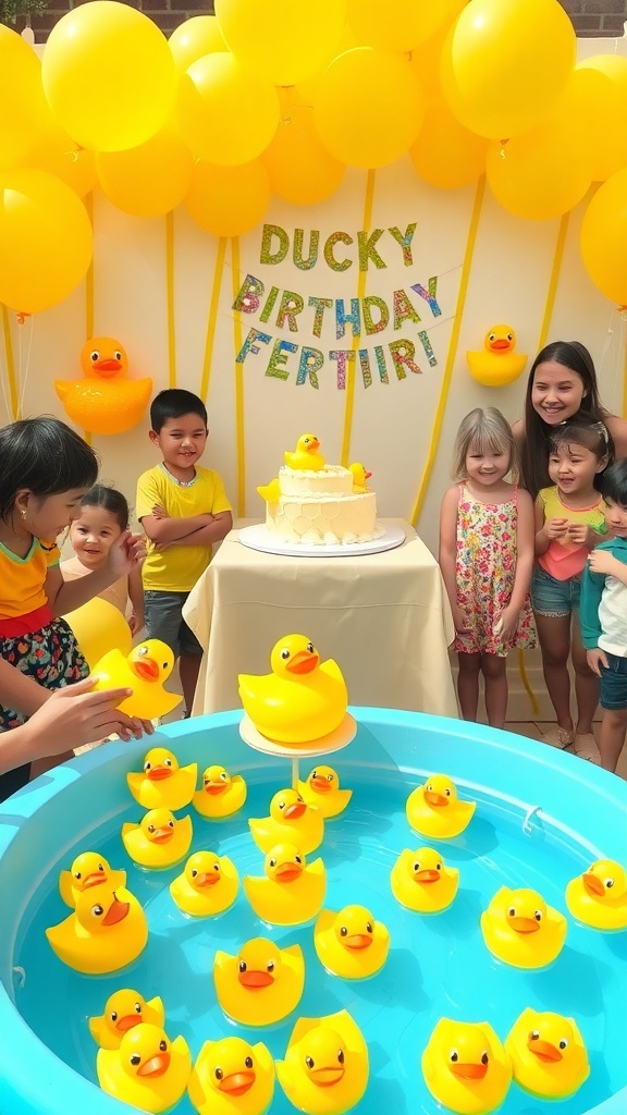 Duck-themed birthday party with decorations, cake, and guests playing games.
